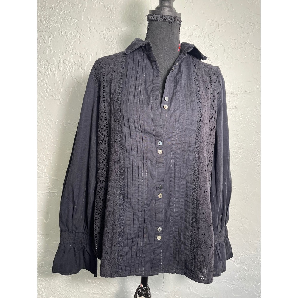 Sundance Small Black Cotton Eyelet Embroidered Button Down Blouse Boho Romantic